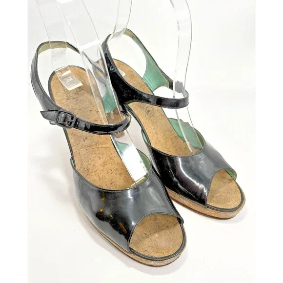 Chanel "Chateau Chanel" Wine Cork Heel Pumps Black Patent w Blue Accent Sz 37.5 - Picture 6 of 12